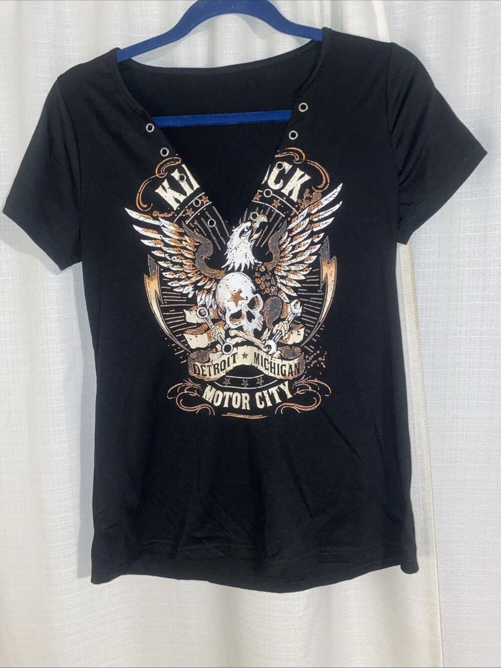 Kid Rock Women’s Lace Up Detroit Michigan Motor City V-neck Size Small Concert